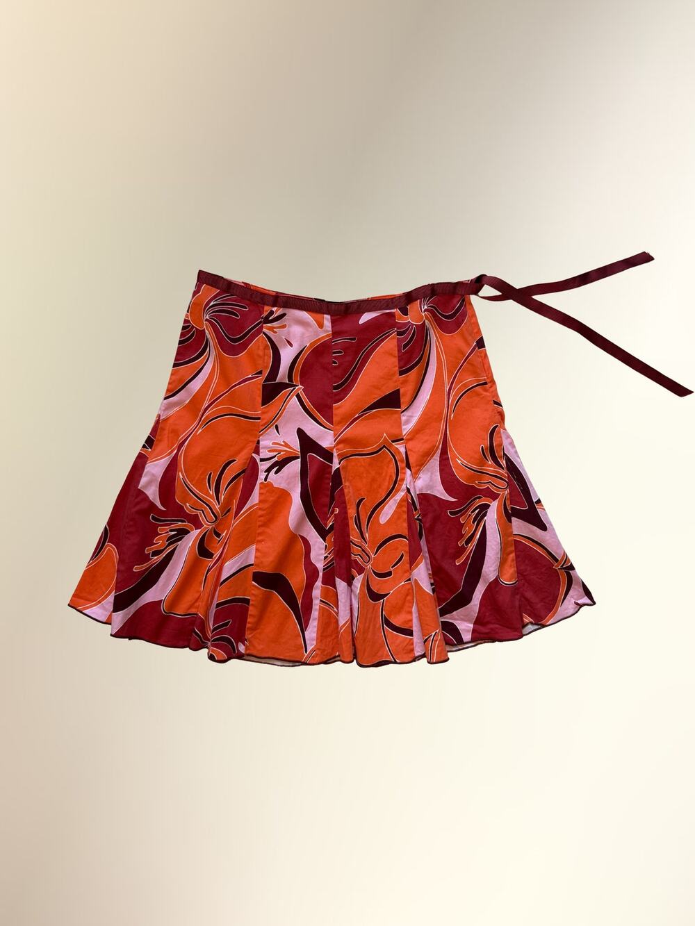 Y2K Jaloux Orange Pink Floral Godet Tie-Waist Mini Skirt Women's L